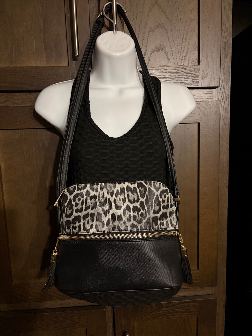 Black and Leopard Print Crossbody Shoulder Bag